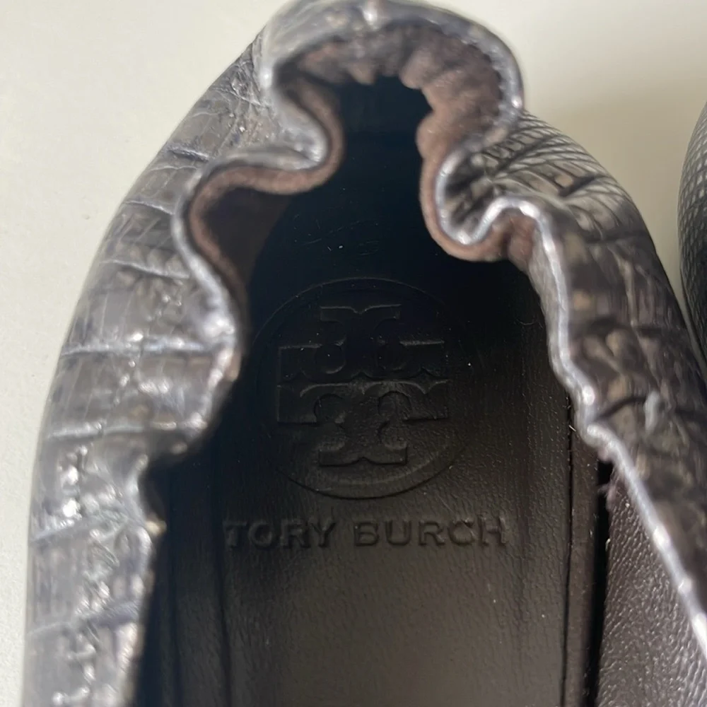 Tory Burch Reva Metallic Black Lizard Embossed Leather Ballet Flat